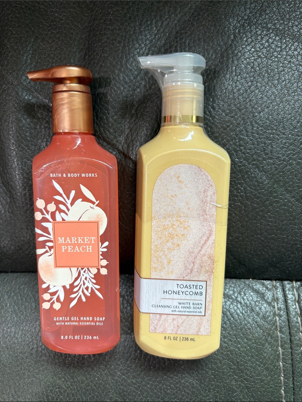 Bath and body gel hand soaps in market peach and toasted honey comb